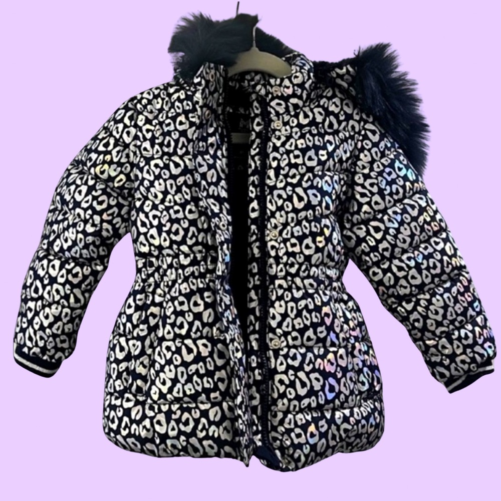 Girls' Black & White Leopard Print Puffer Jacket with Faux Fur Hood